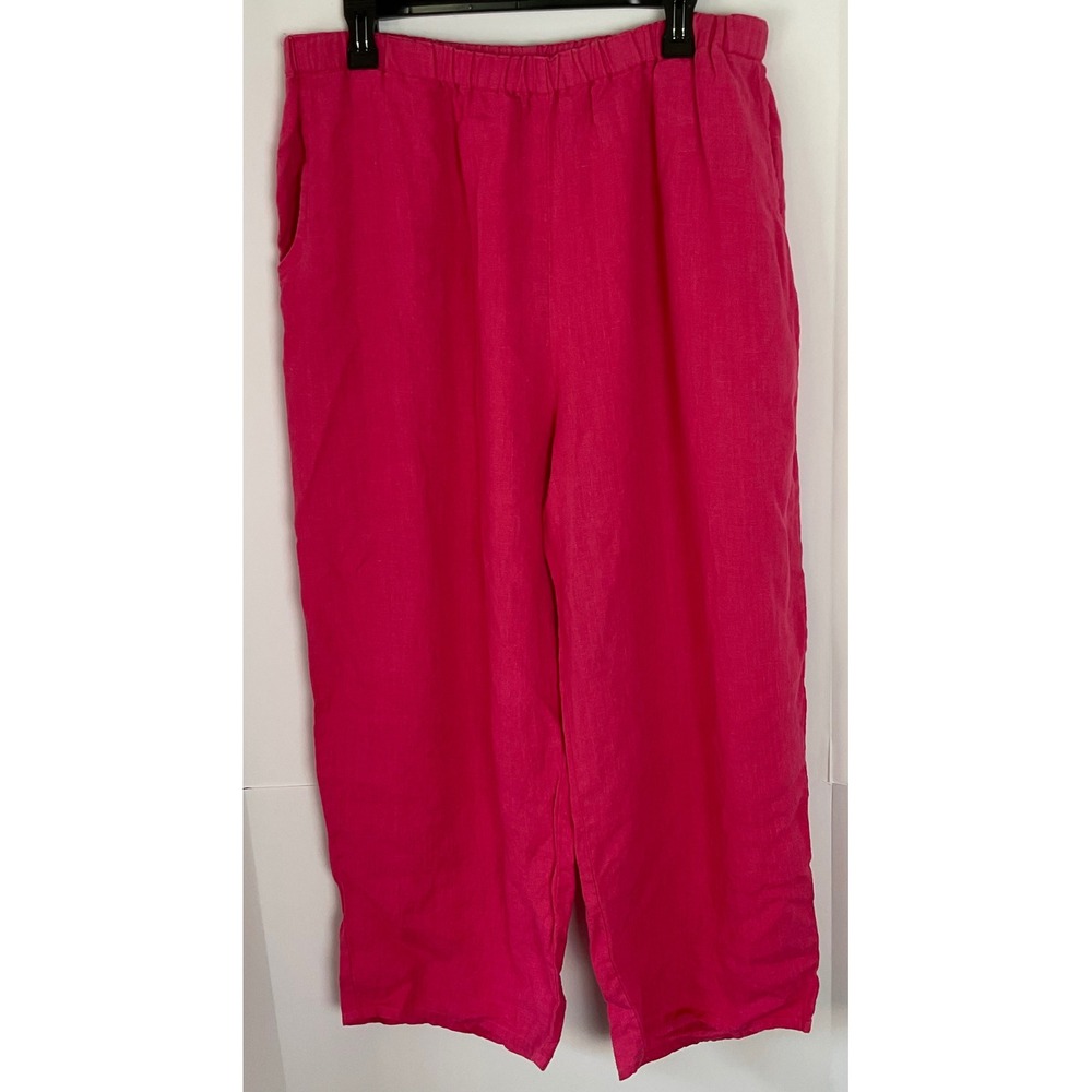 Flax Womens Pink 100% Linen Wide Leg Elastic Waist Lagenlook Pants Size L
